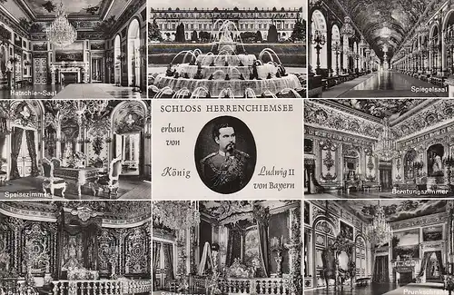 Schloss Herrenchiemsee mit Ludwig II. Mehrbildkarte gl1955 D6823