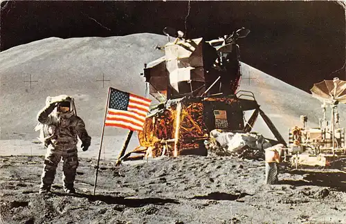 Astronaut Irwin saluting beside Flag with LM Rover Hadley Delta gl1978 151.595