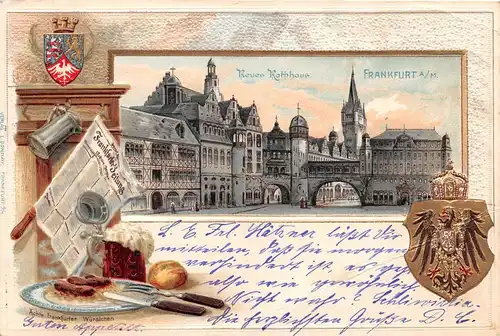 Frankfurt a. M. Litho Neues Rathaus Wappen Vesper Prägekarte gl1905 152.038