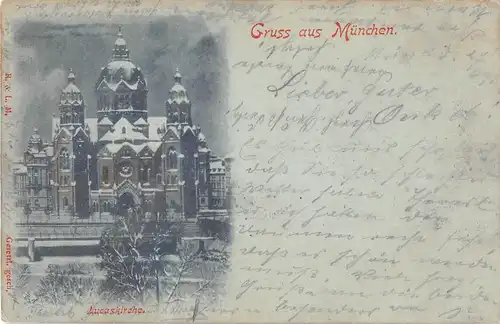 Gruss aus München Lucaskirche bei Schnee und Nacht Litho? gl1898 154.082