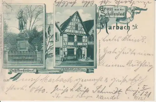 Marbach am Neckar Litho Schillerdenkmal und Geburtshaus gl1901 223.739