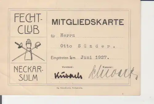Neckarsulm - Fechtclub Mitgliedskarte 1927 223.892