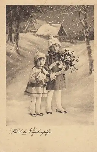 Neujahr-Wünsche Kinder mit Geschenken im Schnee gl1938 E0488