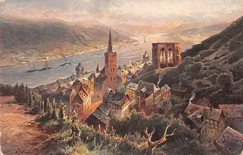 Bacharach - Blick auf Kirche und Rhein mit Schiffen Nach Gemälde ngl 162.178
