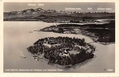 Insel Mainau im Bodensee mit Konstanz und Schweizer Alpen gl1951 157.456