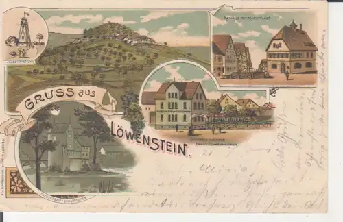 Löwenstein LITHO Gasthaus Linde, Rathaus, Turm, Schloss, Panorama gl1901 223.963