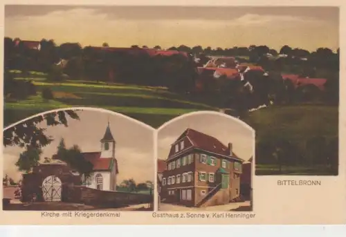 Bittelbronn - Gasthaus zur Sonne, Kirche mit Denkmal und Panorama ngl 223.923
