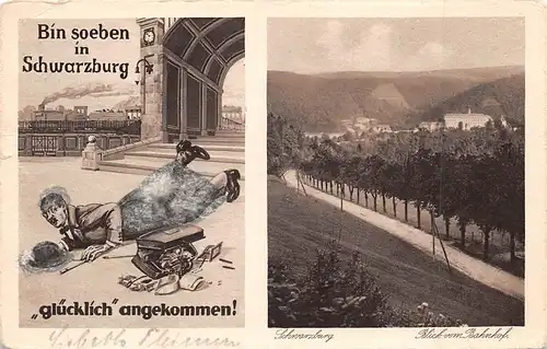 Schwarzburg Blick vom Bahnhof und Karikatur 2 Ansichten gl1929 162.527