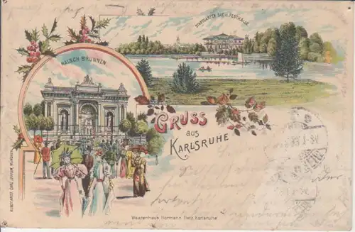 Karlsruhe LITHO Malsch-Brunnen, Stadtgarten See und Festhalle gl1899 225.842