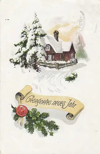 Neujahr-Wünsche Haus, Tanne, Schnee ... gl1919 E0810
