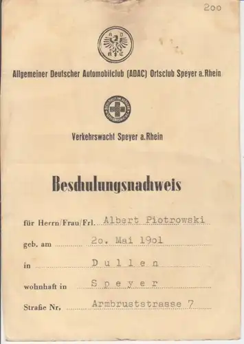 Speyer - ADAC Beschulungsnachweis A. Piotrowski 225.874