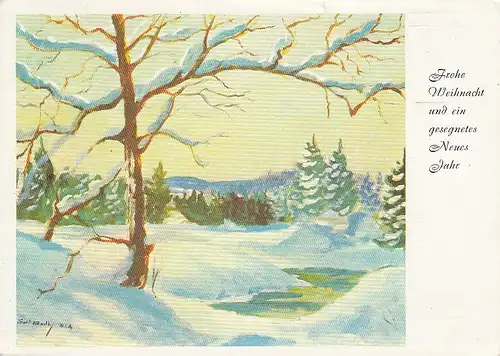 Weihnacht- und Neujahr-Wünsche Winterwald - mundgemalt glum 1965? E0033
