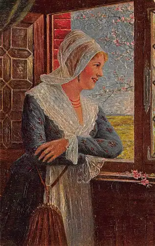 Frau mit Kopftuch am Fenster: Junges Hoffen n. Gemälde v. E. Anders ngl 161.445