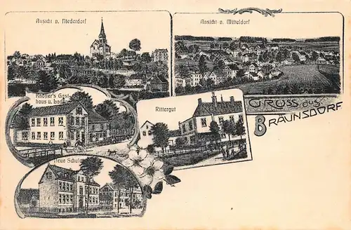 Bräunsdorf b. Limbach Litho Rittergut Knöfler's Laden Schule Dorf ngl 161.598