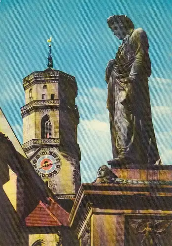 Stuttgart, Schiller-Denkmal mit Stiftskirche gl1970 E2122