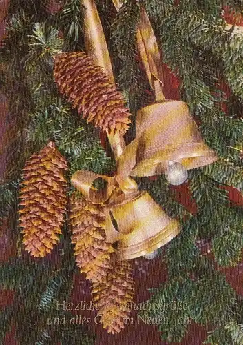 Weihnachten-u.Neujahr-Wünsche, Glocken und Zapfen an Tannengrün ngl E2287