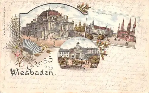 Wiesbaden Litho Theater Rathaus Kirche Kochbrunnen-Anlage gl1898 162.035