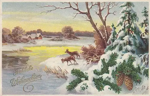 Weihnacht-Wünsche mit Rehen am Waldrand gl1935 E0811