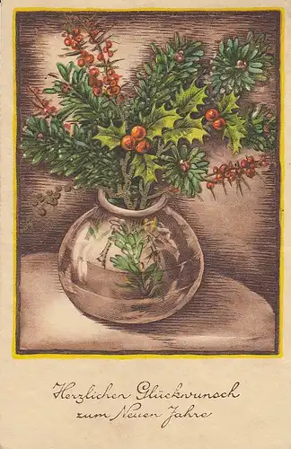 Neujahr-Wünsche mit Blumenvase gl1935 E1232