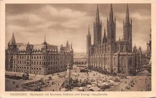 Wiesbaden Marktplatz mit Brunnen, Rathaus und Ev. Hauptkirche gl1939 162.030