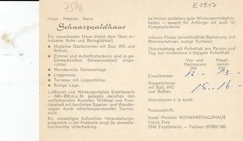 Enzklösterle, Hotel-Pension Schwarzwaldhaus, Werbekarte ngl E2917