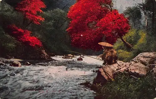 Japan Japan. Angler am Fluss mit herbstl. rotem Ahorn ngl 160.321