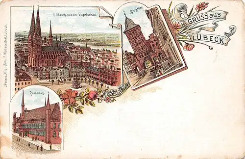 Lübeck Litho Rathaus Burgtor Stadtansicht aus der Vogelperspektive ngl 165.614