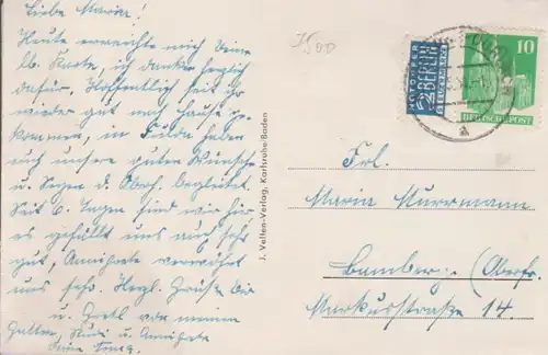 Durlach (Karlsruhe) Pfinztal-Straße mit Stadtkirche und Turmberg gl1951 225.858