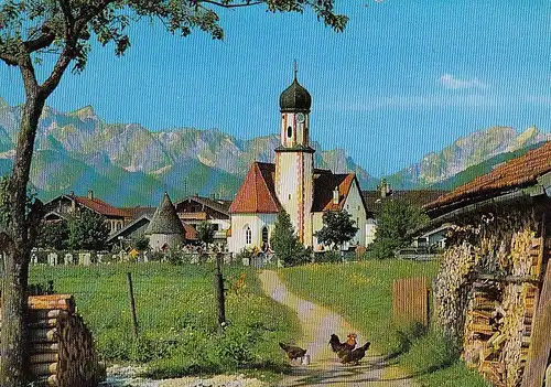 Wallgau Obb. mit Jakobskirche gegen Wettersteingebirge gl1979 E2471