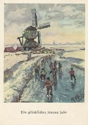 Neujahr-Wünsche mit Windmühle u. Schlittschuhläufern - fußgemalt gl1969? E1624