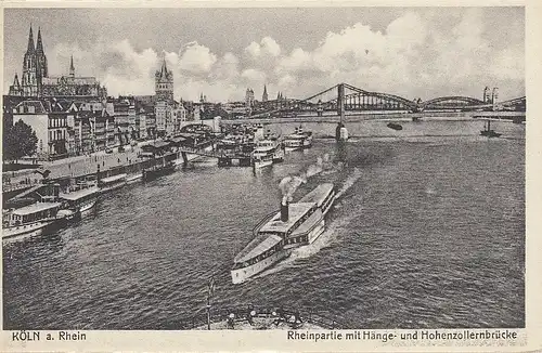 Köln am Rhein, Rheinpartie mit Hänge- u. Hohenzollernbrücke ngl E1852