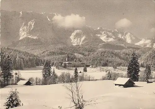 Schloss Elmau mit Wettersteinwand und Dreitorspitze gl1968 E1786