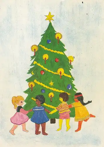 Weihnachten-Wünsche, Kinder tanzen um Weihnachtsbaum gl1986 E1806
