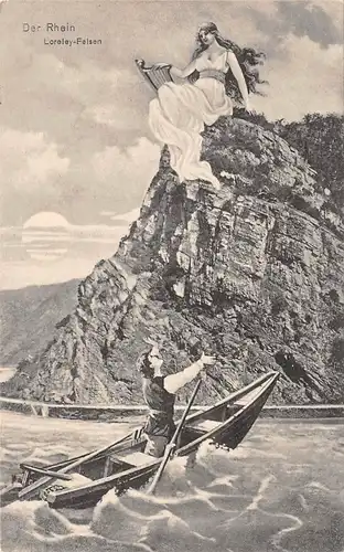 Loreley sitzt auf Felsen am Rhein Fischer sitzt im Boot feldpgl1915 164.725