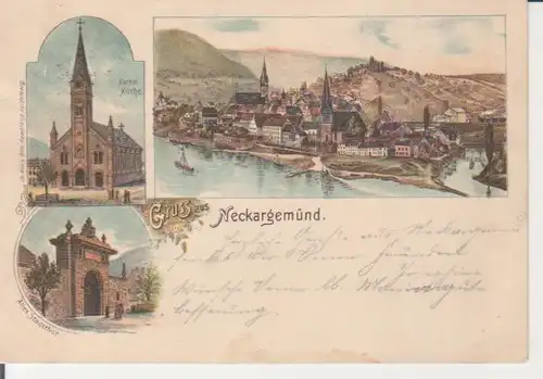 Neckargemünd Litho Kath. Kirche Altes Stadttor Panorama gl1897 226.016