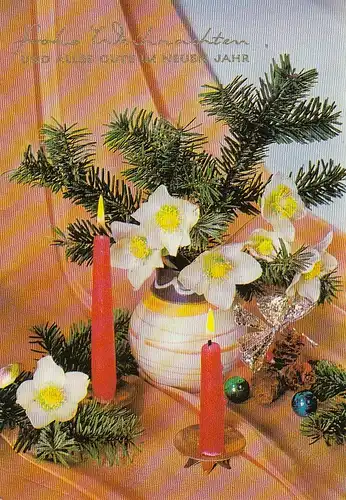 Weihnachten-u.Neujahr-Wünsche, Kerzen und Vase mit Schneerosen glum 1970? E1809