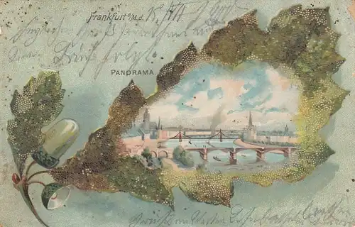 Frankfurt a.Main, Panorama im Eichenblatt, Glitzerkarte gl1900 E2400
