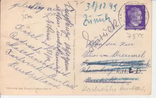 Durlach (Karlsruhe) Pfinztal-Straße mit Stadtkirche und Turmberg gl1943 225.859