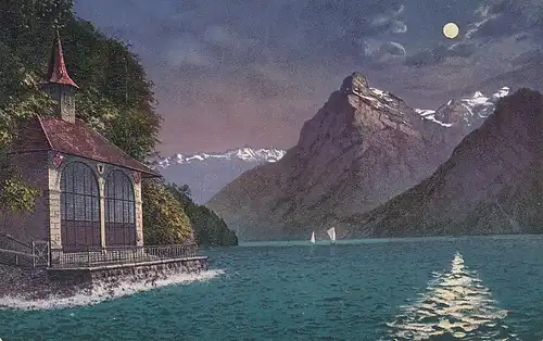 Tellskapelle mit Gitschen und Urirotstock im Mondschein ngl E2591