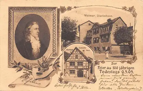 Weimar Schiller Gedenkkarte Litho Sterbe- u. Geburtshaus gl1905 165.062