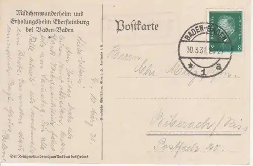 Baden-Baden - Mädchenwanderheim und Erholungsheim Ebersteinburg gl1931 226.832