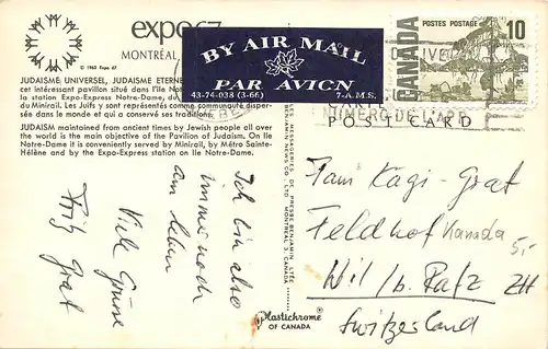 Canada Montréal P.Q. Expo67 Judaisme Universel gl1967 164.197
