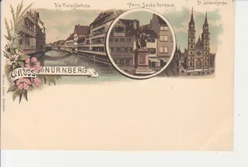 Nürnberg LITHO Fleischbrücke, Hans-Sachs-Denkmal, St. Lorenzkirche ngl 228.357