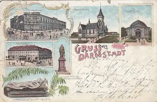 Gruß aus Darmstadt, Litho, Gebäude, Kirchen, Denk- und Grabmal gl1898 E2403