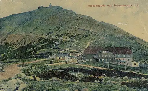 Riesengebirge, Riesenbaude mit Schneekoppe gl1910 E2642