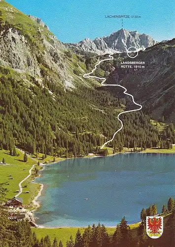 Tannheim, Vilsalpsee mit Weg zur Landsberger Hütte und mit Lachenspitze ngl E3730