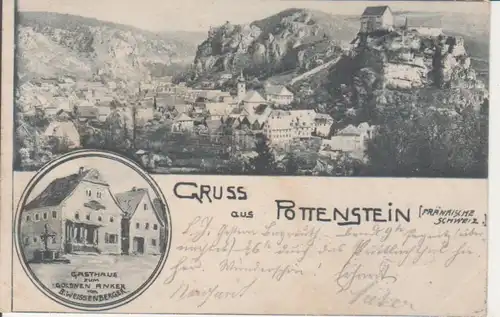 Pottenstein - Panorama und Gasthaus zum goldenen Anker gl1898 228.207