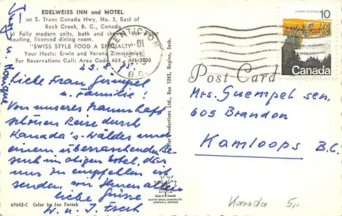 Canada Rock Creek B.C. Edelweiss Inn Motel on S. Trans Canada Hwy gl1975 164.199