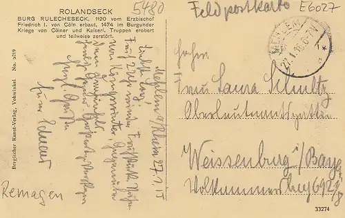 Blick vov Rolandseck auf das Siebengebirge feldpgl1915 E6027