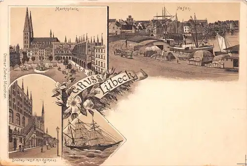 Lübeck Litho Marktplatz Breitestr. Rathaus Hafen ngl 165.810